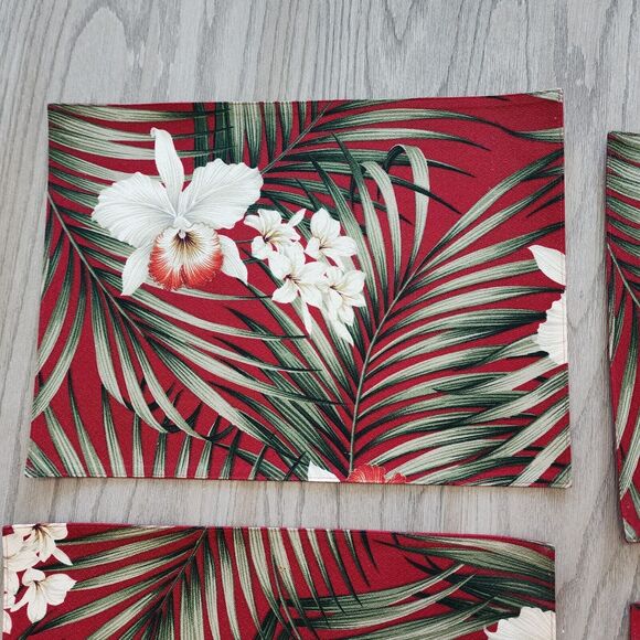 Hawaiian Upholstery Barkcloth Placemats Burgundy Ferns Orchids Plumeria & Napkin - Picture 7 of 8